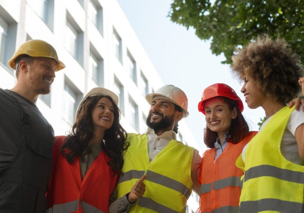 A diverse group of construction workers smiling and discussing on site.