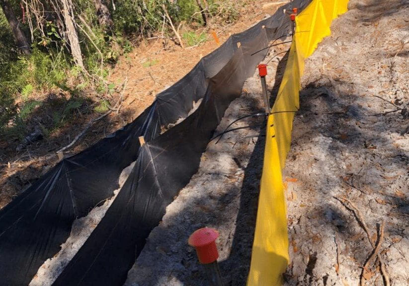Construction site trench with protective barriers and safety measures.