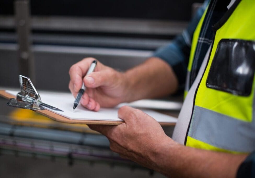 Close-up of a person writing on a clipboard wearing a safety vest.