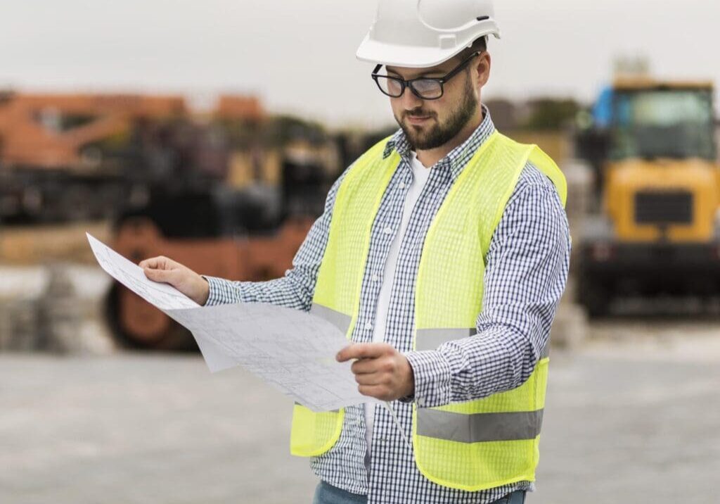Construction worker reviewing plans at a site, wearing safety gear.