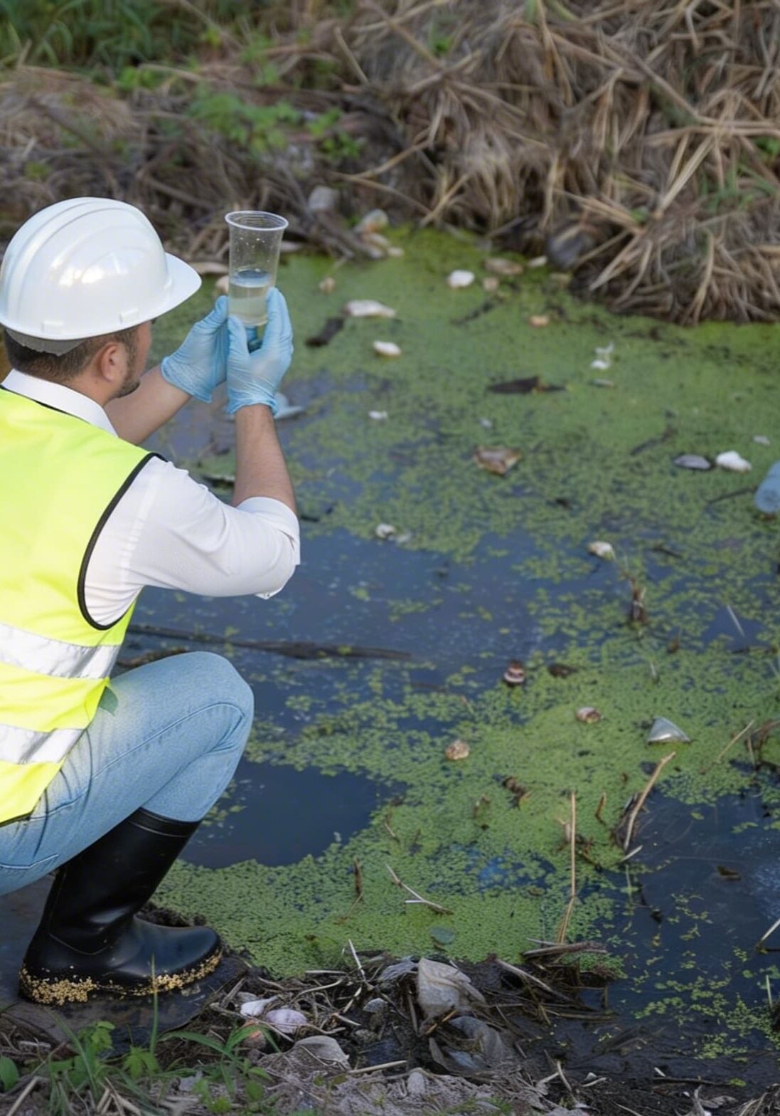 Person in safety vest photographing algae-covered water.
