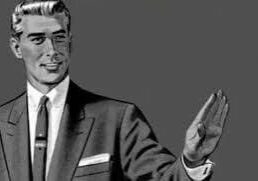 Black-and-white illustration of a man in a suit gesturing with his hand.