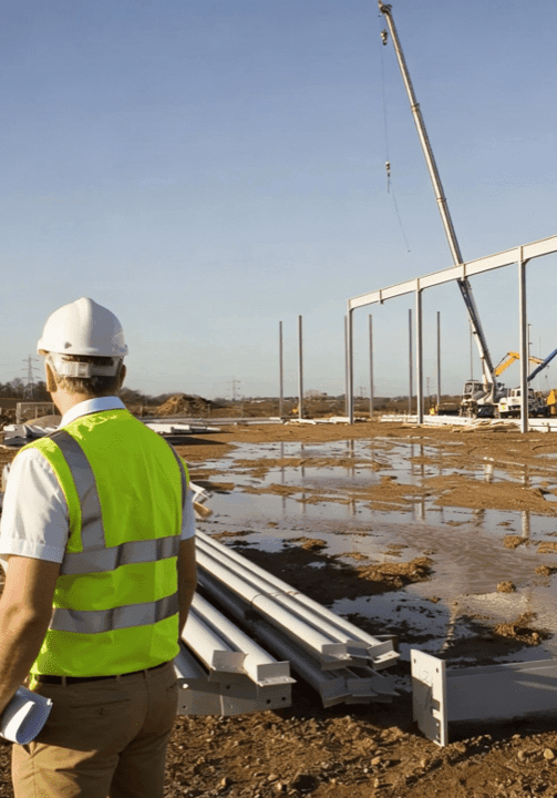 Construction worker observing steel beams at a muddy site.
