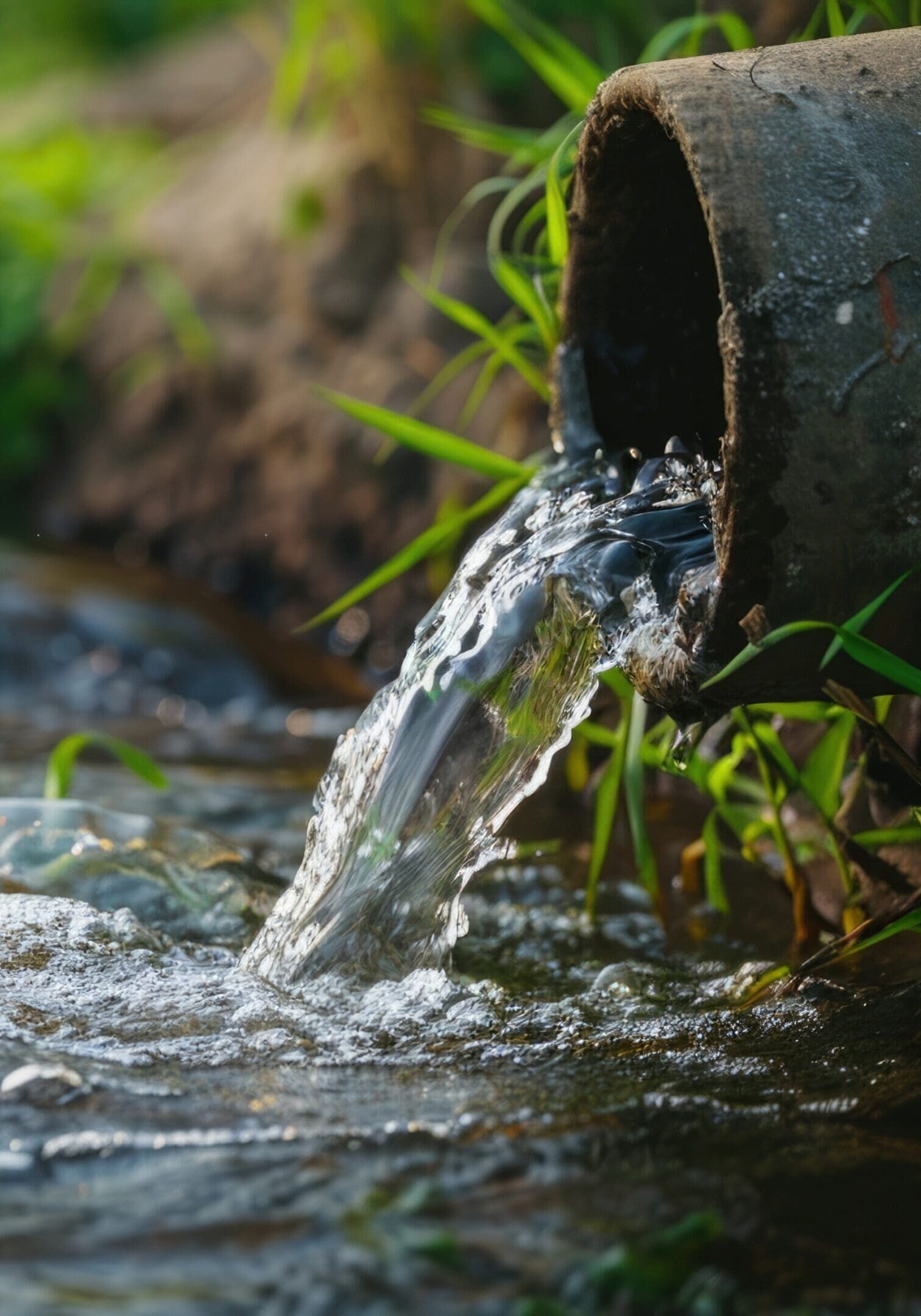 Water flowing out of a pipe into a natural stream.