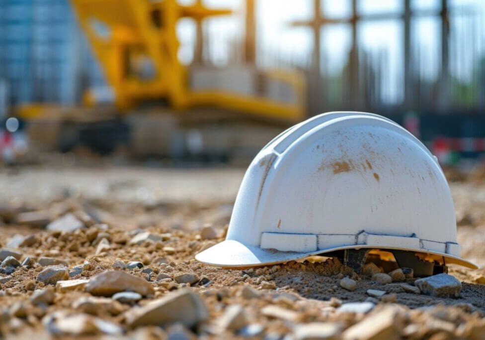 White construction helmet resting on rocky ground at a worksite.