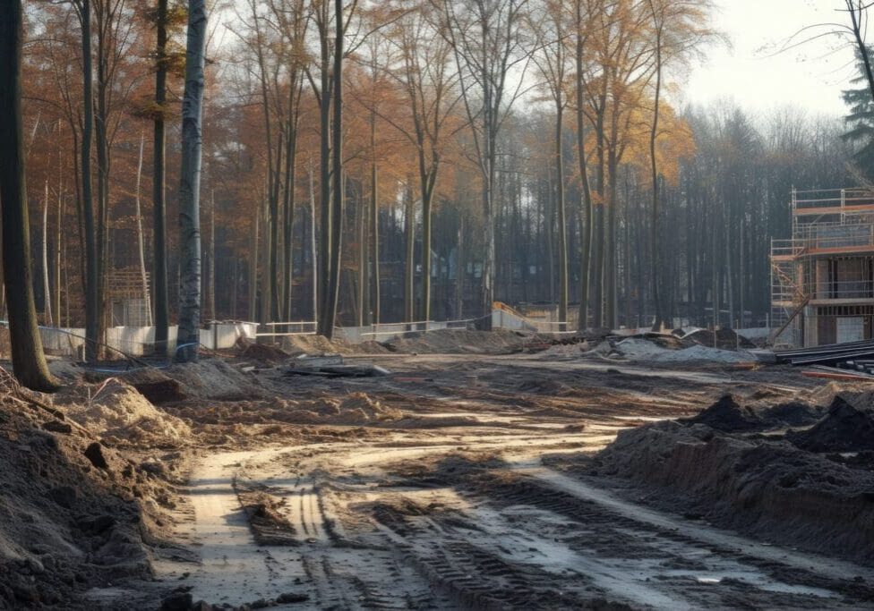 A muddy dirt road winding through a leafless forest in autumn.