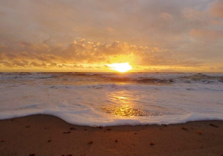 Sunset over a calm ocean with waves gently touching the shore.
