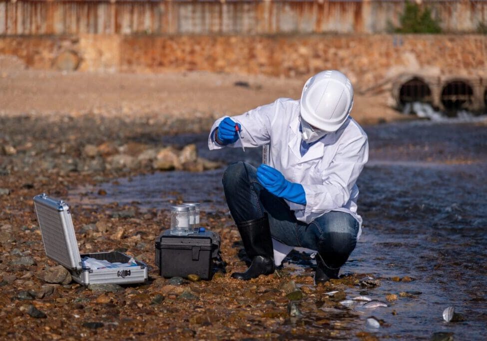 Scientist in protective gear collecting water samples near a stream.