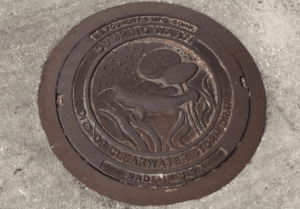 Decorative manhole cover featuring a fish design and water theme.