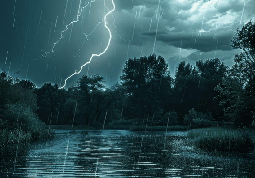 Lightning strikes during a heavy rainstorm over a forested area and river.