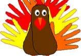 Cartoon turkey with colorful handprint feathers in fall colors.