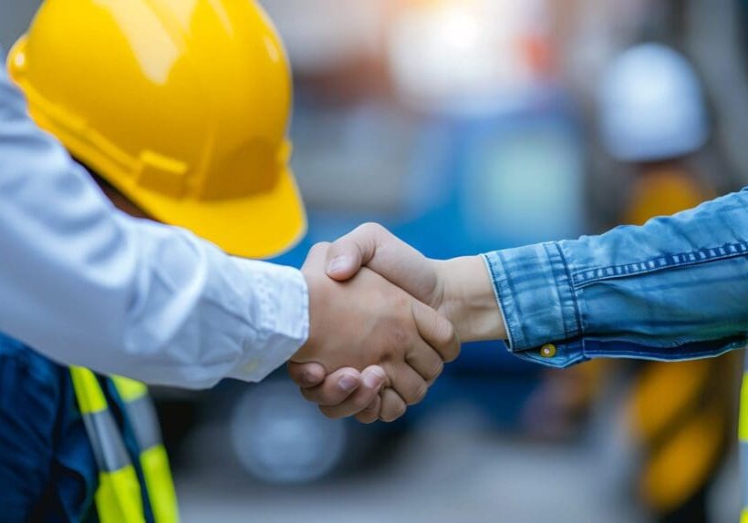 Two people shaking hands, one wearing a construction outfit.