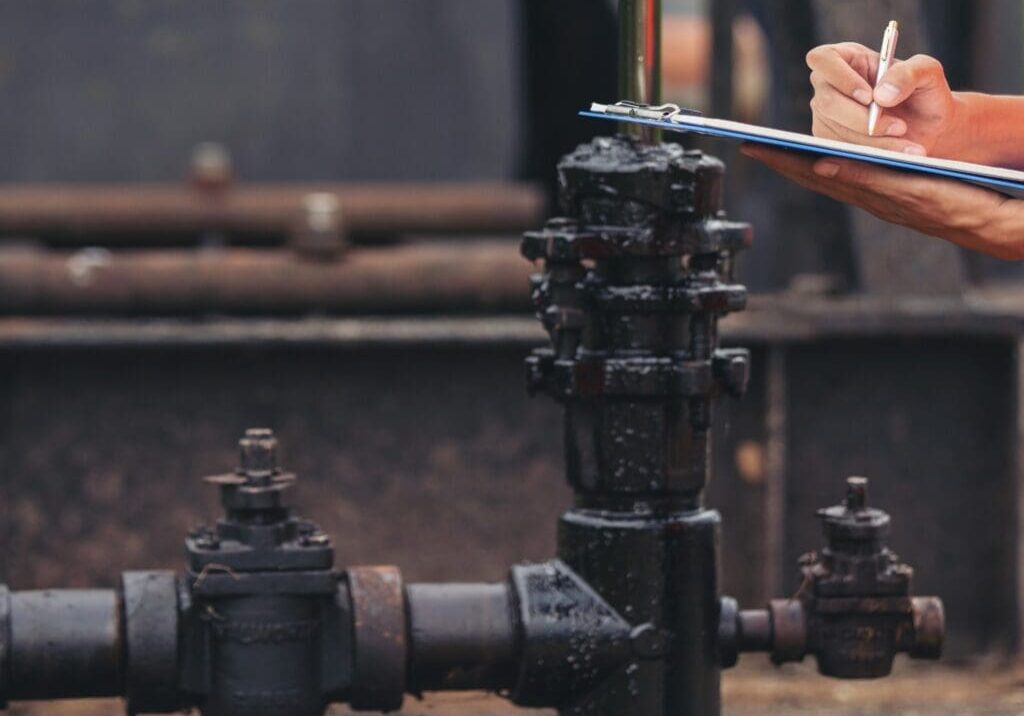 Black industrial valves and gauges in a factory setting.