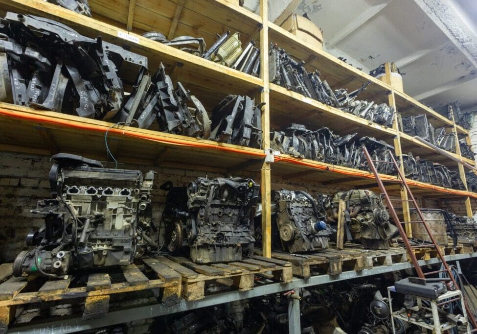 Shelves filled with used car engines in a warehouse.