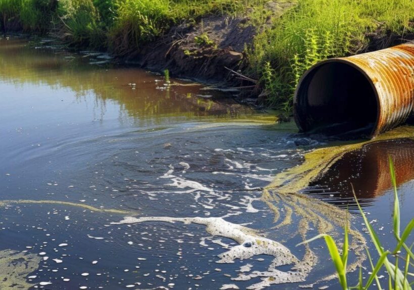 Polluted water flowing from a pipe into a natural stream.