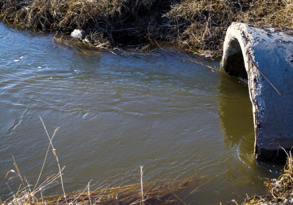River with a concrete drainage pipe opening into it under a bridge.