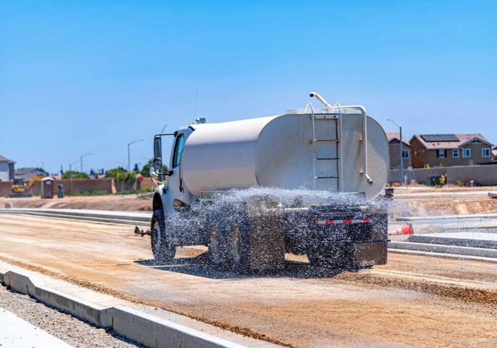 A water truck sprays water on a dirt road under clear blue skies.