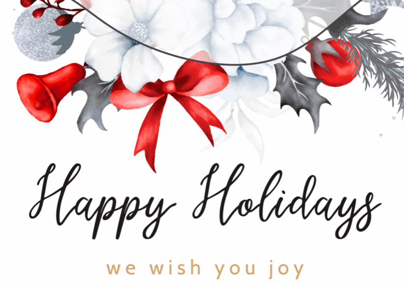 Festive holiday greeting with red ribbons and white flowers.