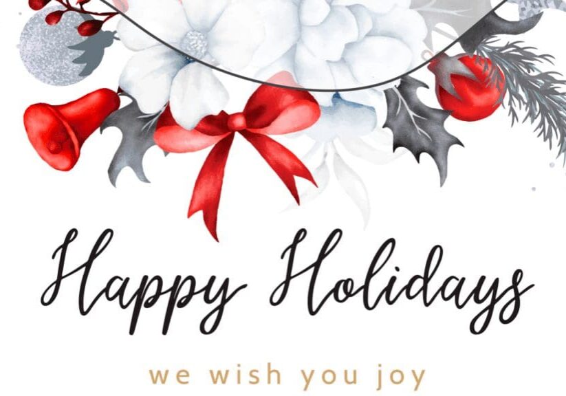 Festive holiday greeting with red ribbons and white flowers.